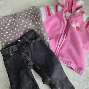 Baby Bundle - Pink Hooded Sweater Vest with Floral Detail & 2 Pairs Pants